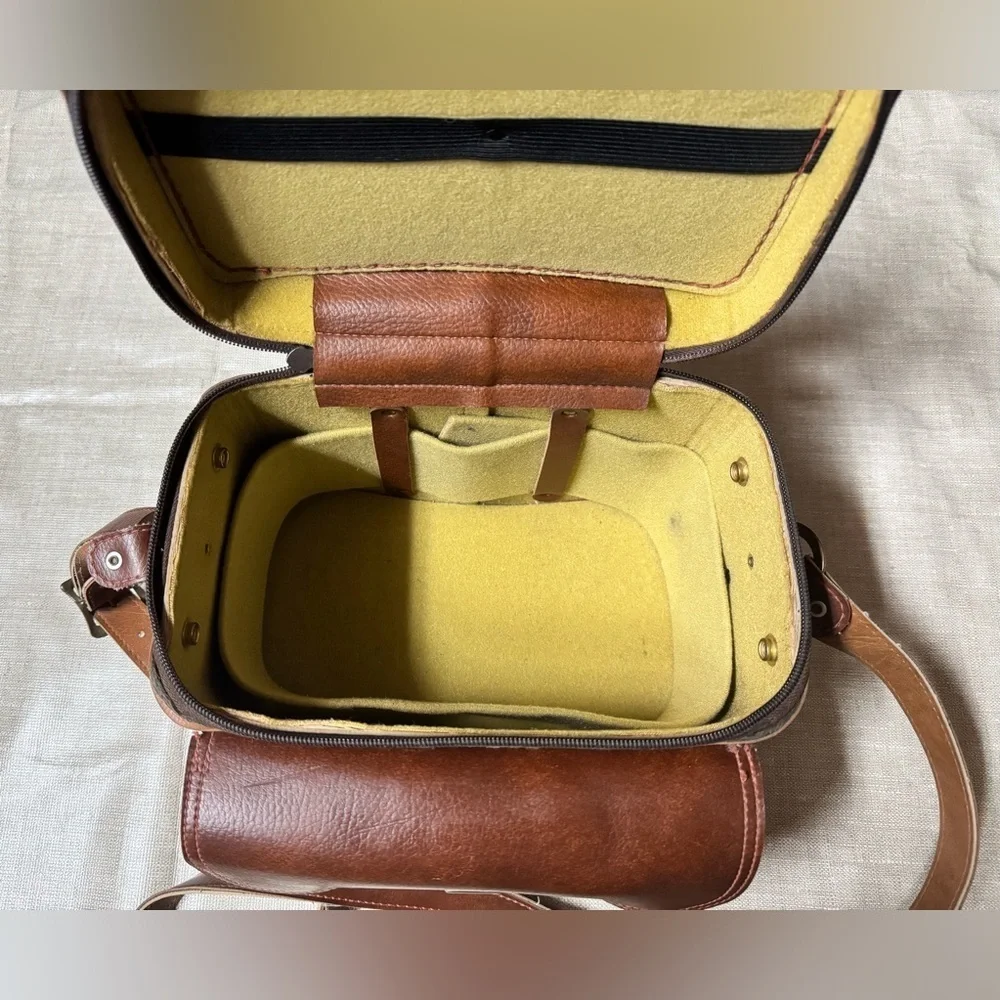 Vintage Leather Camera Bag Case Brown Brass Strap Pocket USA 703 10 x 8 x 6 Inch